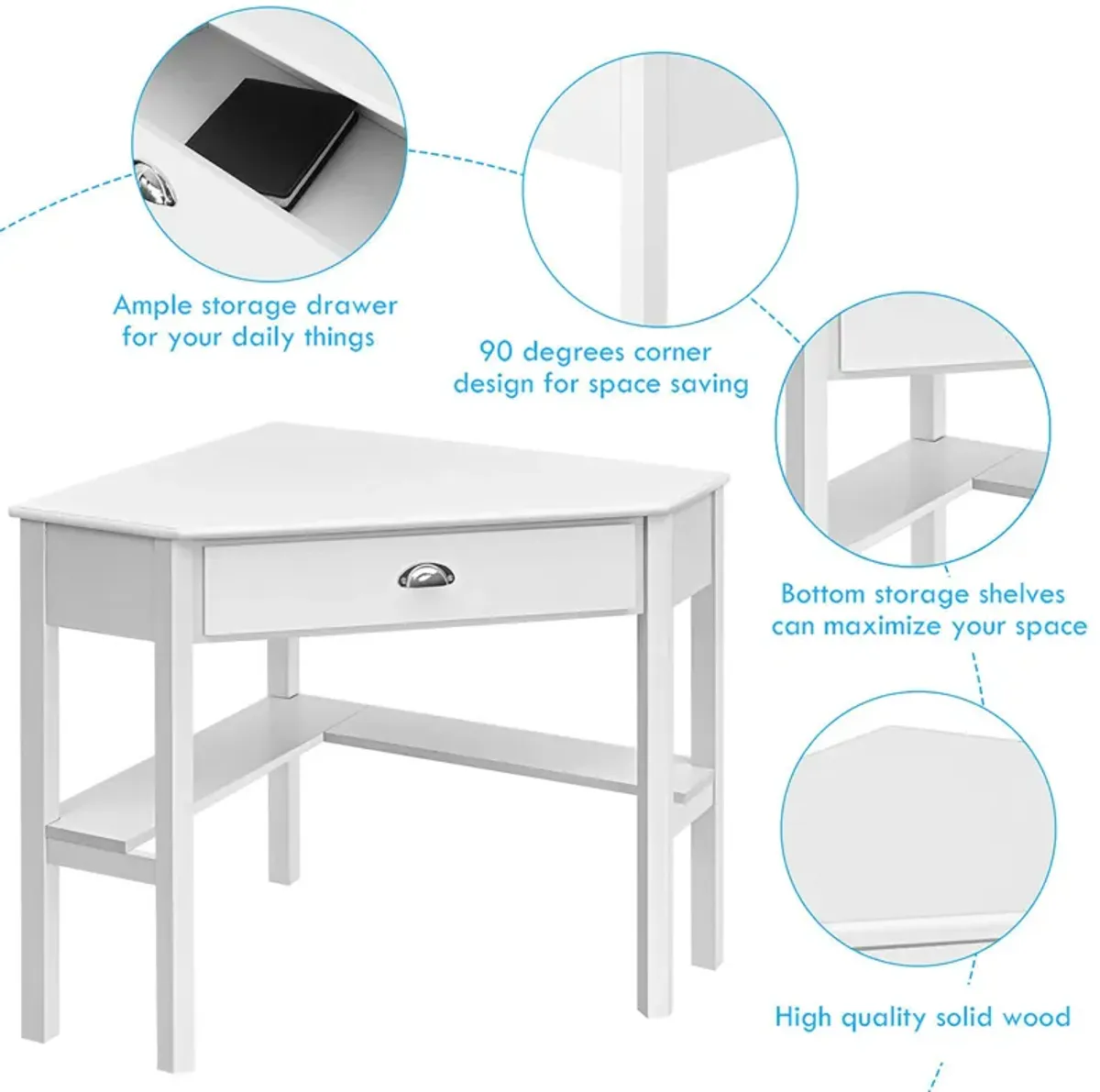 Costway Triangle Computer Desk Corner Office Desk Laptop Table w/ Drawer Shelves Rustic White