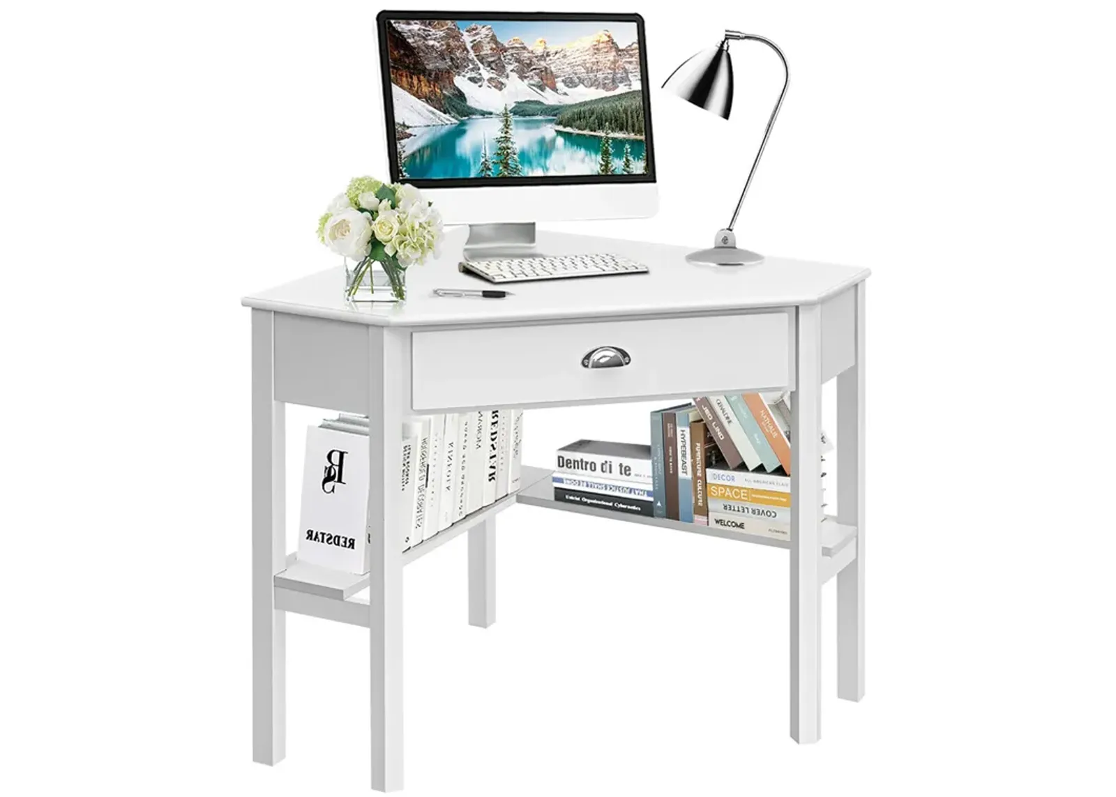 Costway Triangle Computer Desk Corner Office Desk Laptop Table w/ Drawer Shelves Rustic White