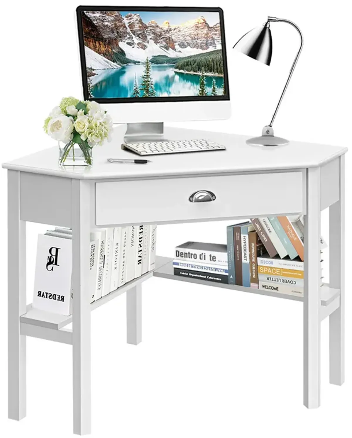 Costway Triangle Computer Desk Corner Office Desk Laptop Table w/ Drawer Shelves Rustic White