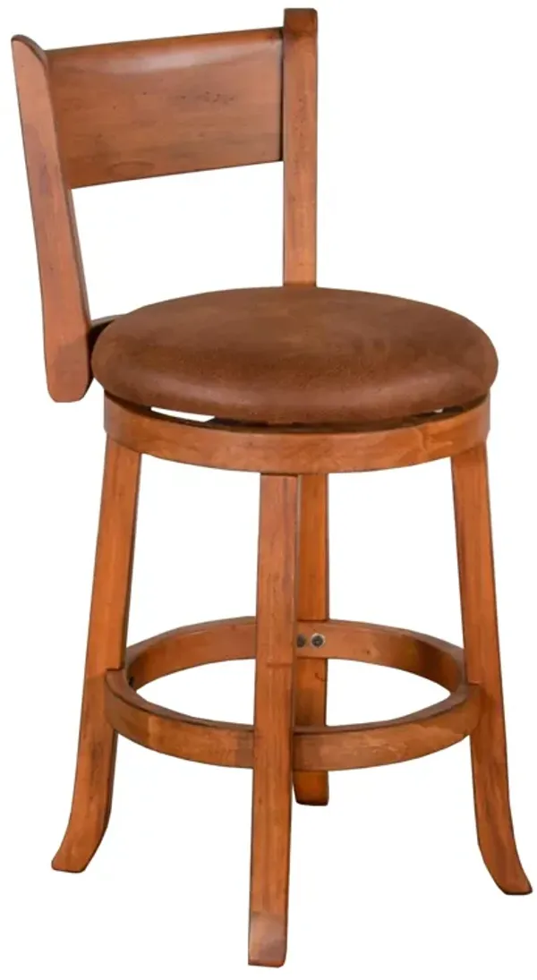 Marv Swivel Counter Height Chair Set of 2, Brown Faux Leather, Wood - Benzara