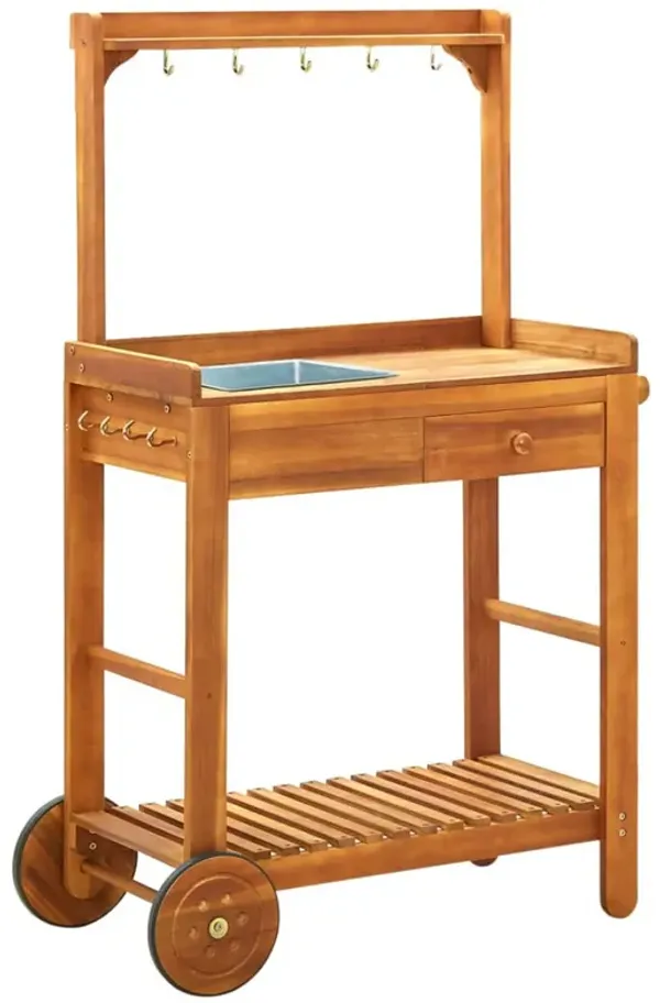 Outdoor Rolling Garden Cart on Wheels, Multi Purpose w Tray, Brown - Benzara
