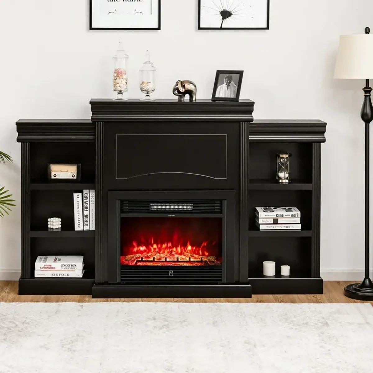 70 Inch Modern Fireplace Media Entertainment Center with Bookcase