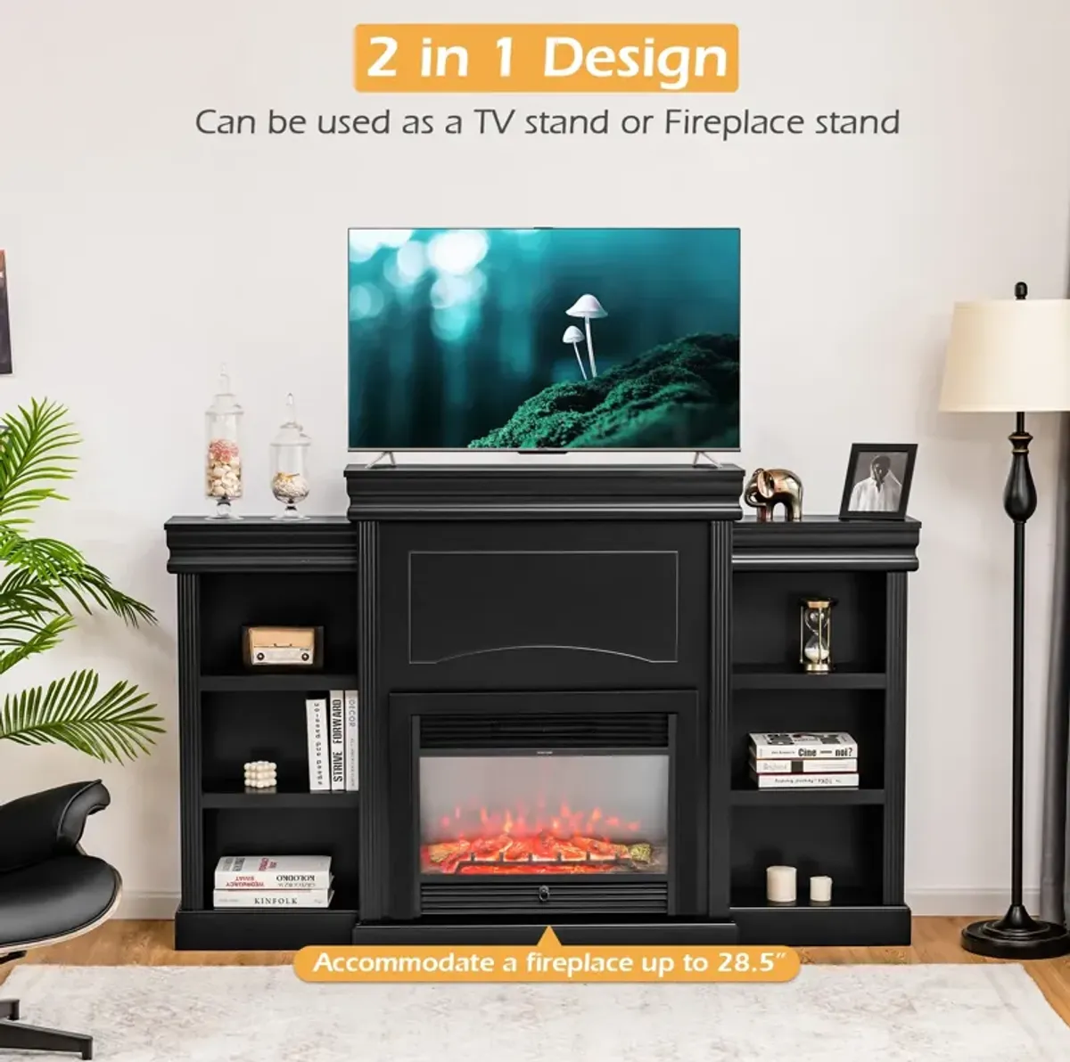 70 Inch Modern Fireplace Media Entertainment Center with Bookcase