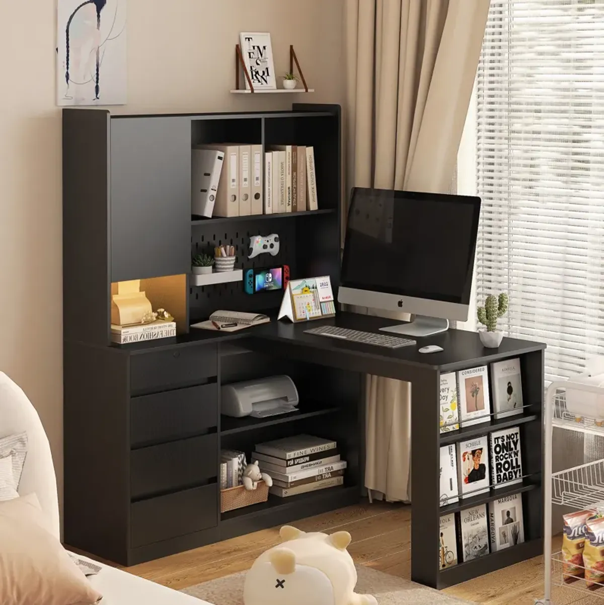 Space-Saving L-Shaped Desk with Ample Workspace, Built-In Charging Station