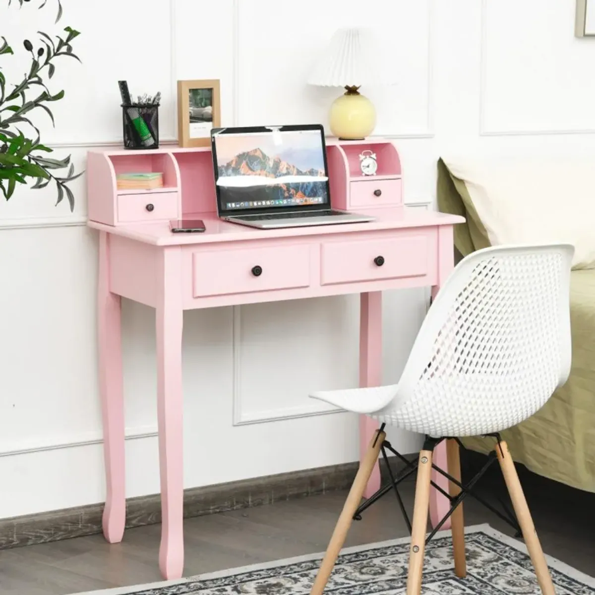 Hivvago Writing Desk 2-Tier Vanity Desk Computer Desk with 4 Drawers