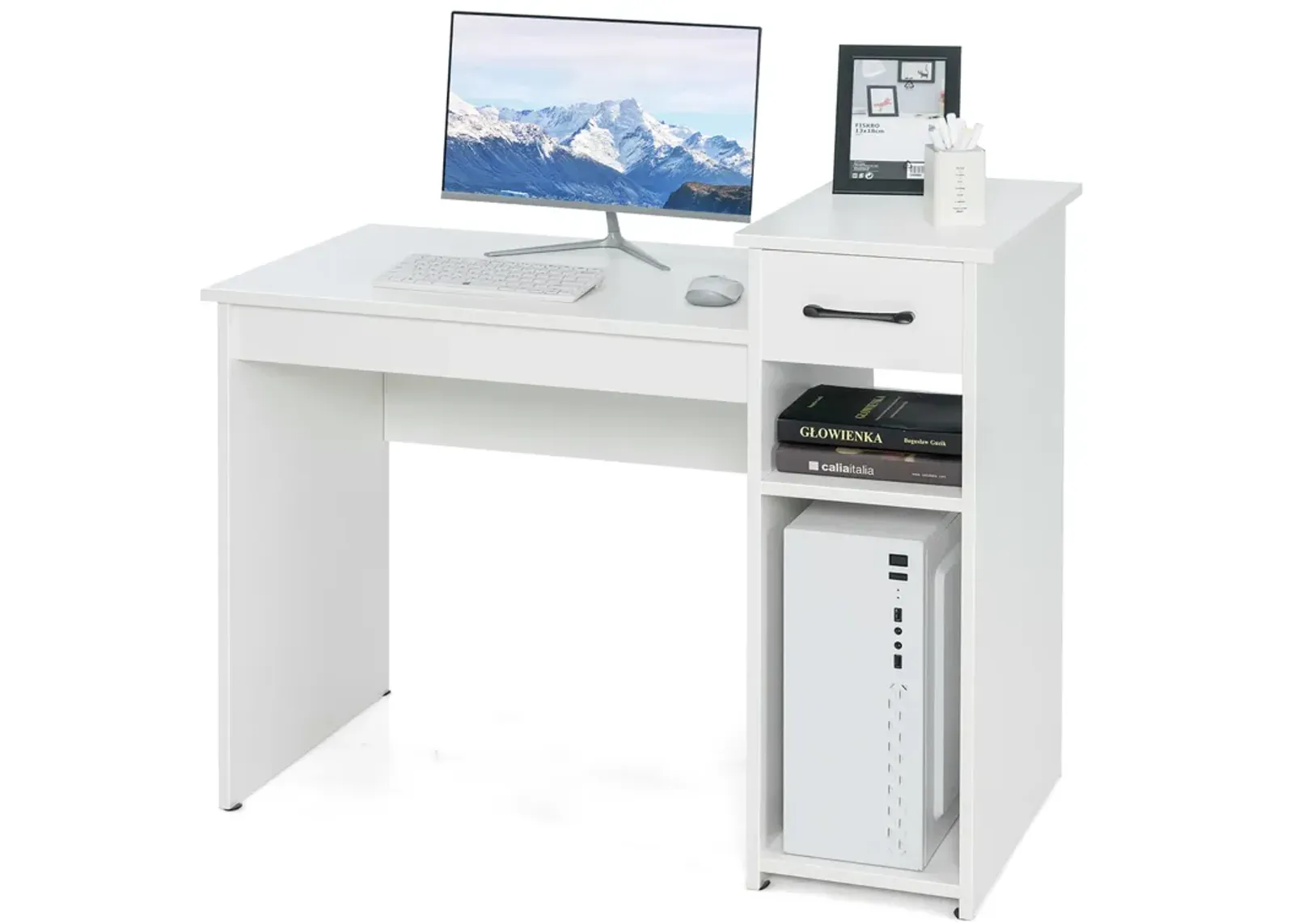 Costway Home Office Computer Desk White Study Desk Laptop Table with Drawer & Storage Shelf