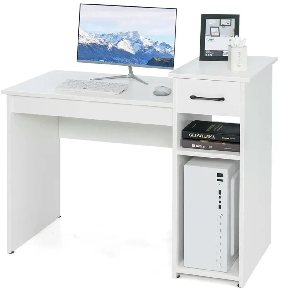 Costway Home Office Computer Desk White Study Desk Laptop Table with Drawer & Storage Shelf