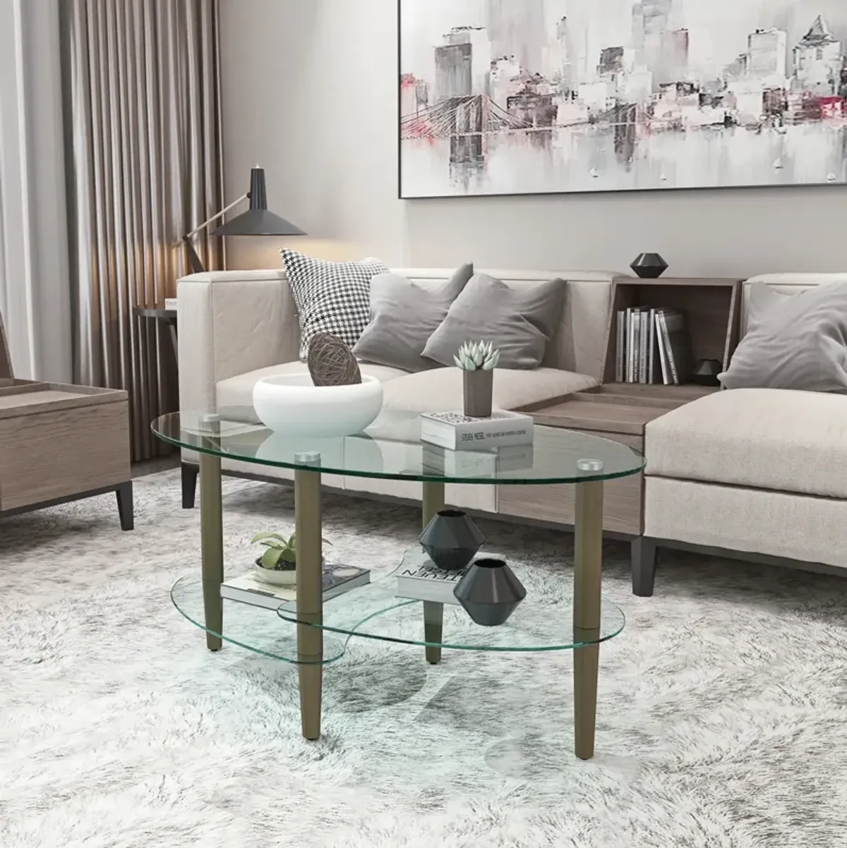 Transparent Oval Glass Coffee Table - Modern Living Room Table with 3 Layer Glass