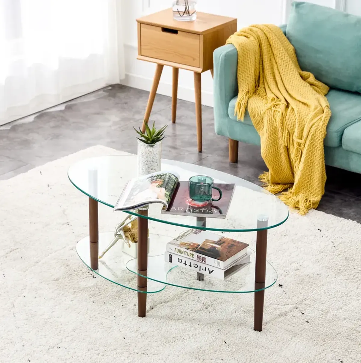 Transparent Oval Glass Coffee Table - Modern Living Room Table with 3 Layer Glass