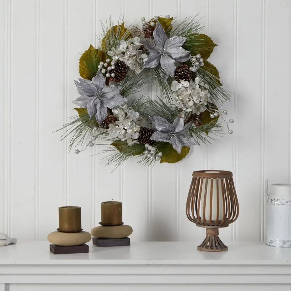 HomPlanti 24" Silver Poinsettia, Hydrangea and Pinecones Artificial Christmas Wreath