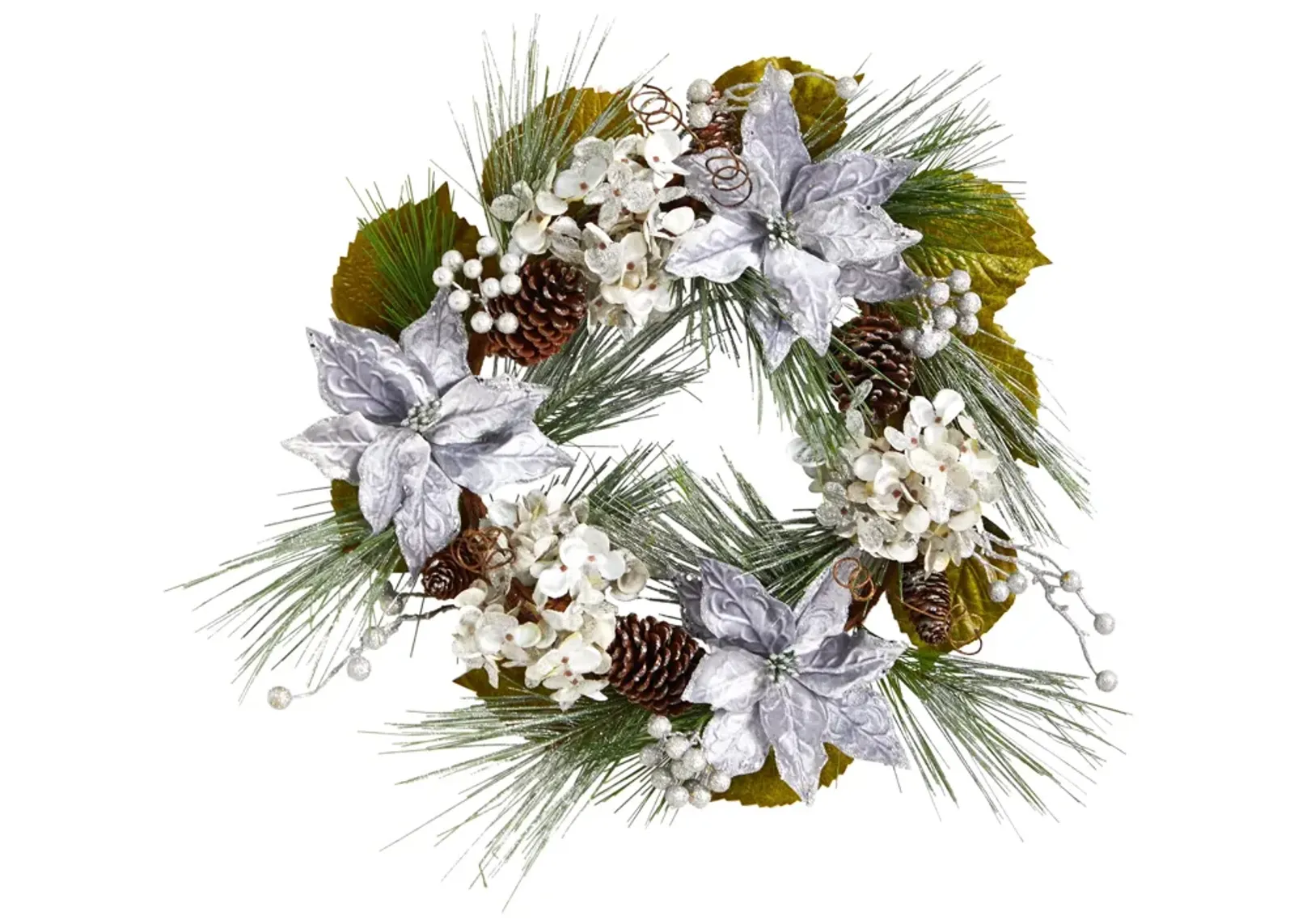 HomPlanti 24" Silver Poinsettia, Hydrangea and Pinecones Artificial Christmas Wreath