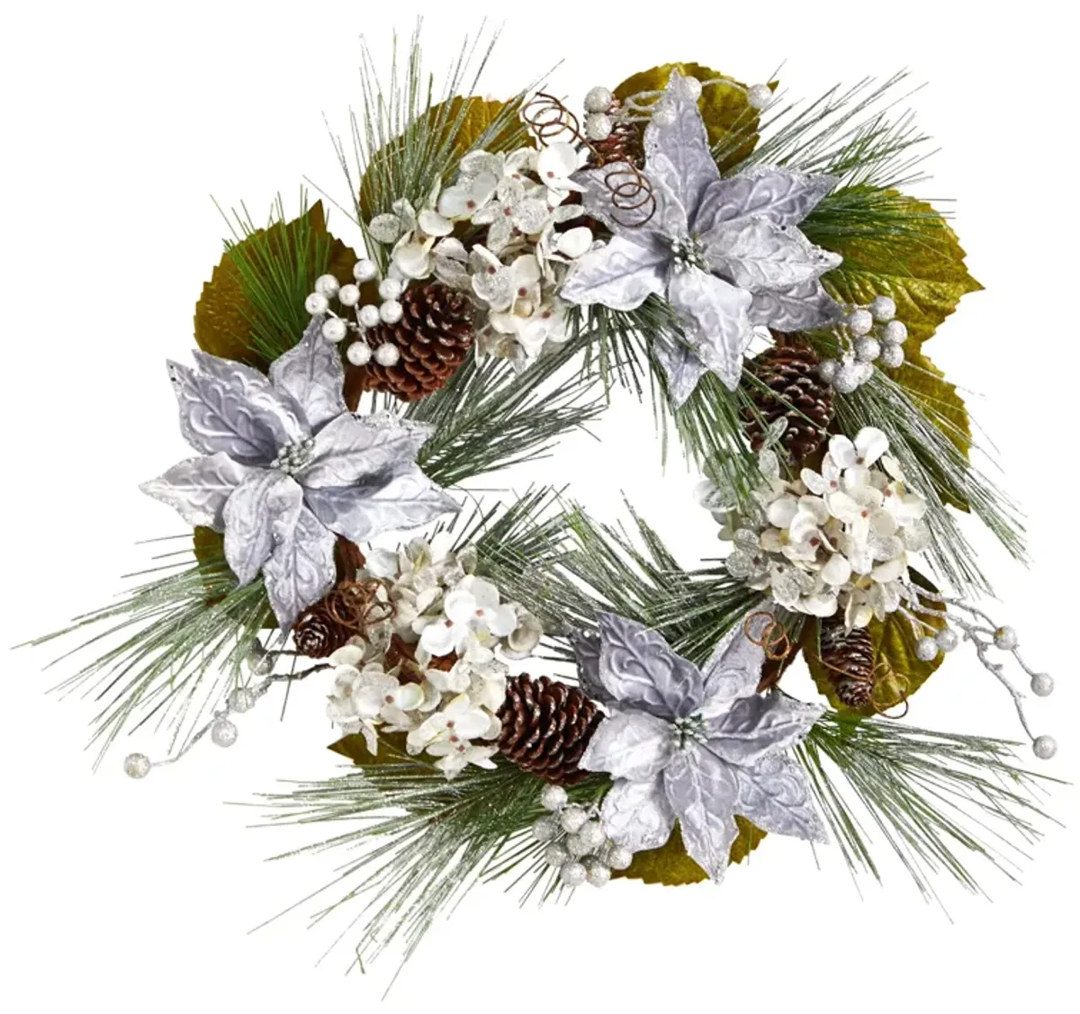 HomPlanti 24" Silver Poinsettia, Hydrangea and Pinecones Artificial Christmas Wreath