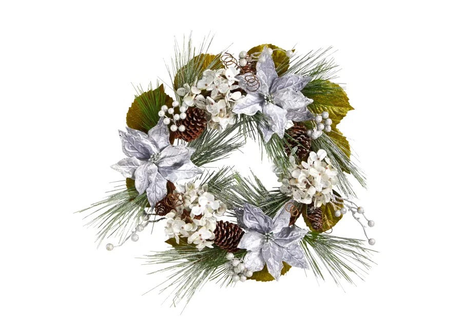 HomPlanti 24" Silver Poinsettia, Hydrangea and Pinecones Artificial Christmas Wreath