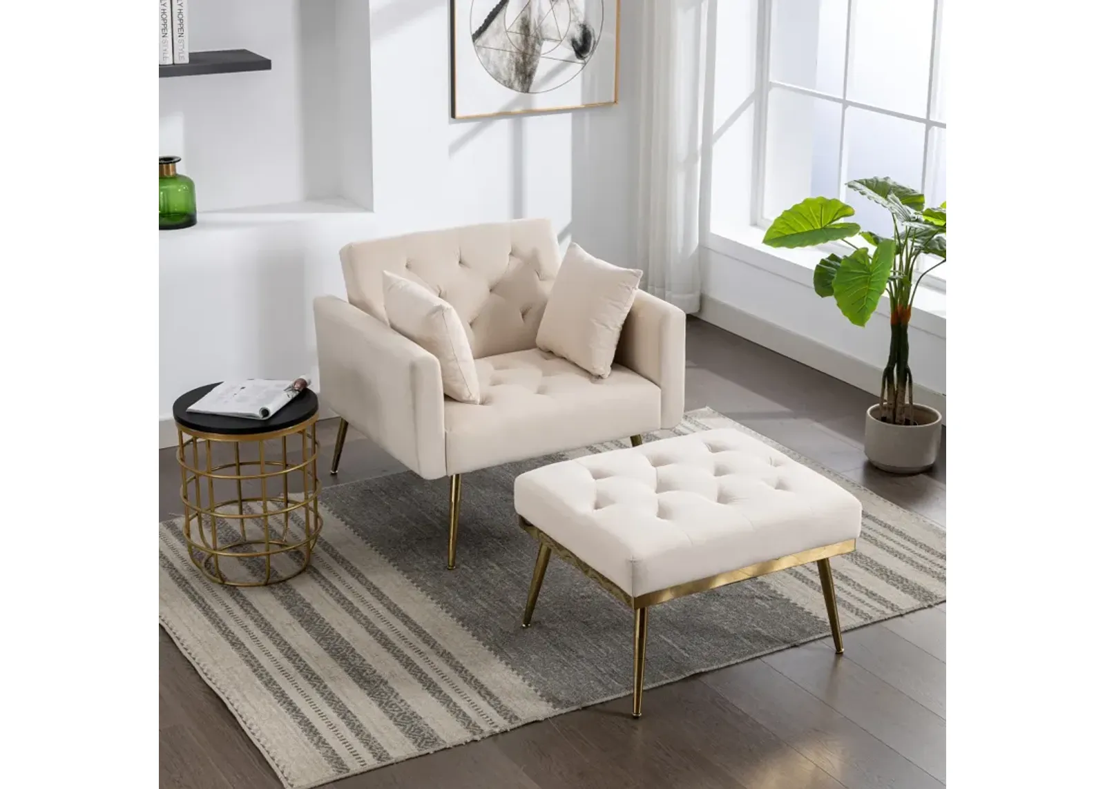 36.61" Wide Modern Accent Chair With 3 Positions Adjustable Backrest, Tufted Chaise Lounge Chair, Single Armchair With Ottoman And Gold Legs For Living Room, Bedroom (Beige)