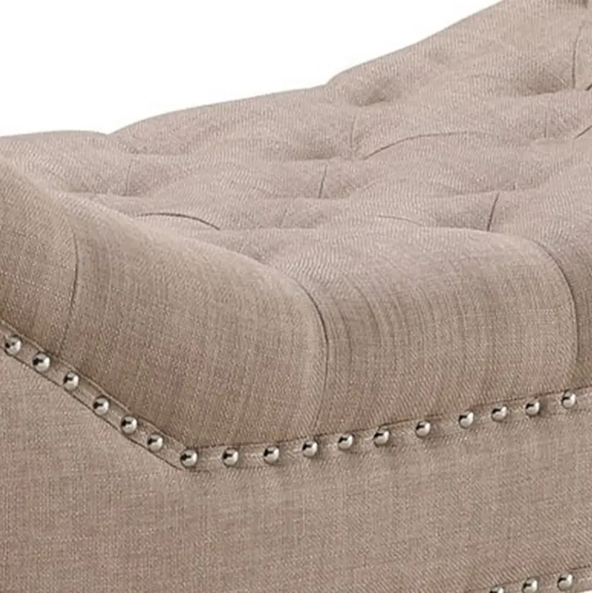 Bench with Button Tufted Details and Nailhead Trim, Beige-Benzara