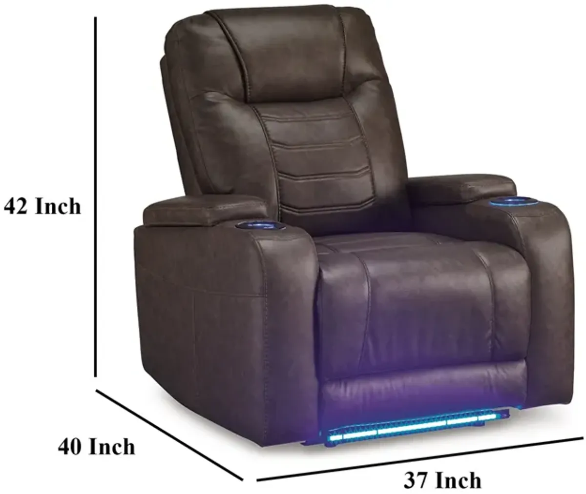 Scon Power Recliner Chair, 37 Inch, LED Light, Brown Faux Leather - Benzara