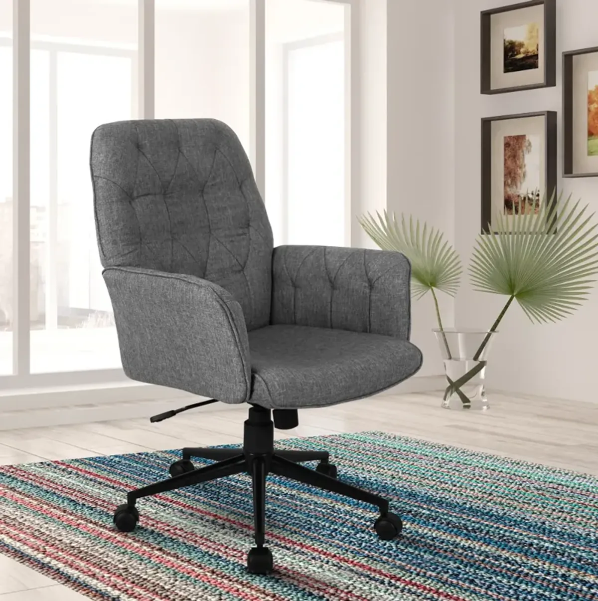 Modern Upholstered Tufted Office Chair With Arms, Grey