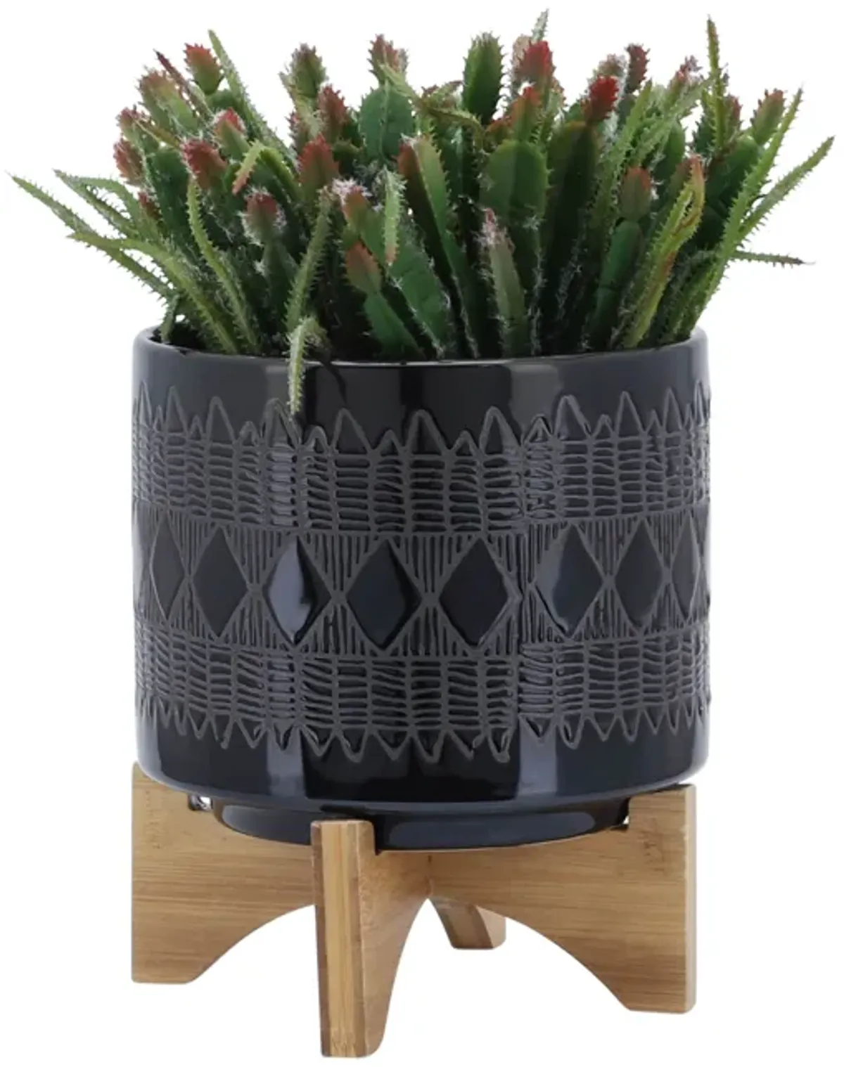 Aztec Planter on Wooden Stand, Black Set