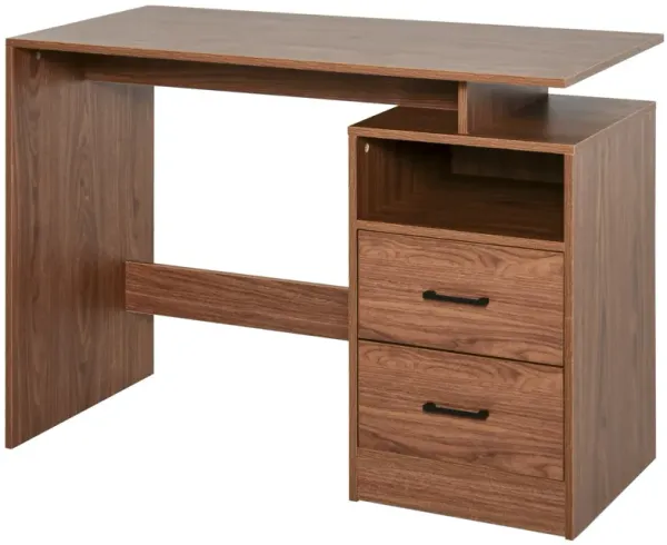 Compact Computer Desk: Walnut, Split Shelves, Drawers, Wooden Frame