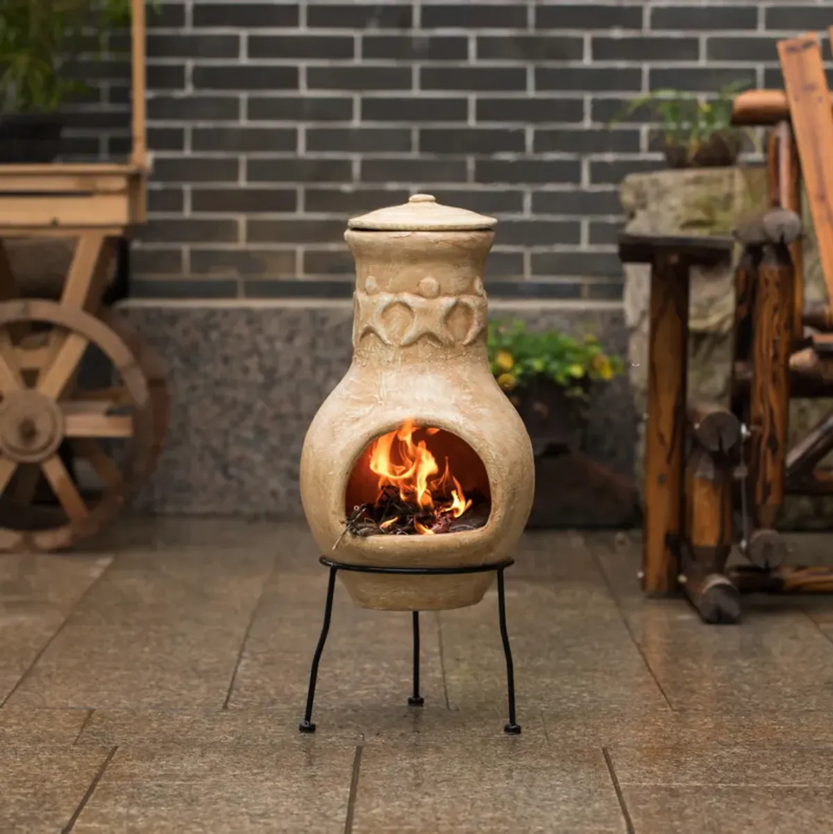 Beige Outdoor Clay Chiminea Outdoor Fireplace Maya Design Charcoal Burning Fire Pit with Sturdy Metal Stand, Barbecue, Cocktail Party, Family Gathering, Cozy Nights Fire Pit