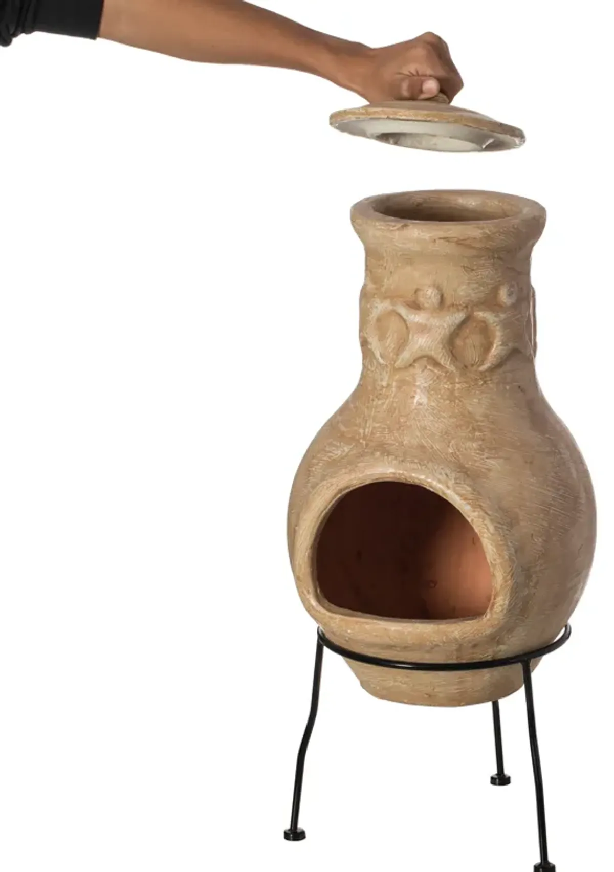 Beige Outdoor Clay Chiminea Outdoor Fireplace Maya Design Charcoal Burning Fire Pit with Sturdy Metal Stand, Barbecue, Cocktail Party, Family Gathering, Cozy Nights Fire Pit