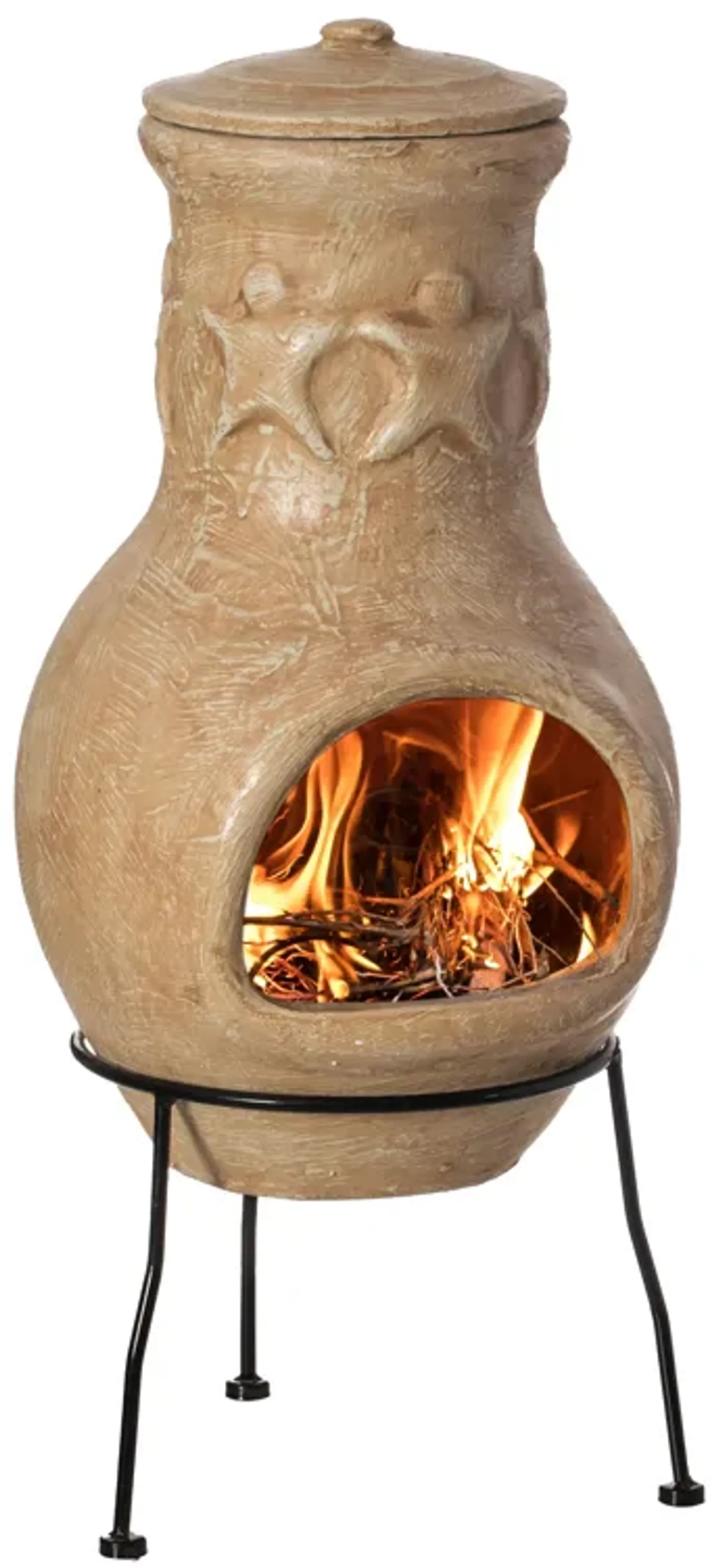 Beige Outdoor Clay Chiminea Outdoor Fireplace Maya Design Charcoal Burning Fire Pit with Sturdy Metal Stand, Barbecue, Cocktail Party, Family Gathering, Cozy Nights Fire Pit