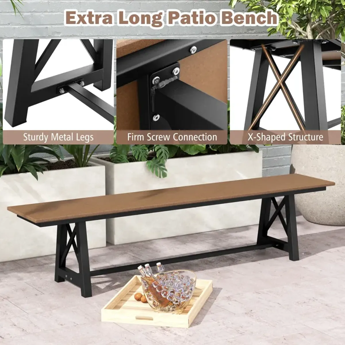 3-4 Person Outdoor HDPE Bench with Metal Frame-Brown