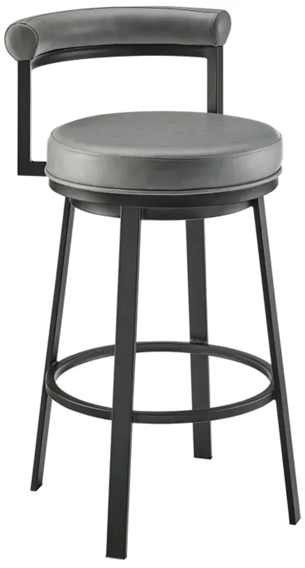 Elysha 30 Inch Swivel Bar Stool Chair, Round Cushion, Gray Faux Leather - Benzara