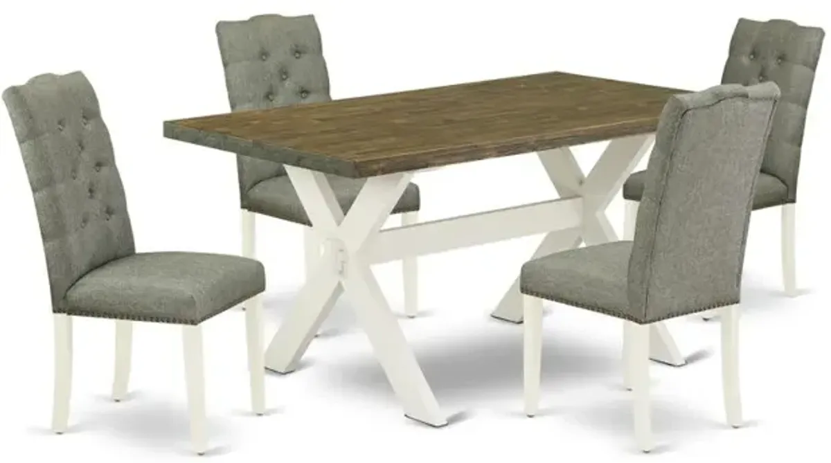 East West Furniture X076EL207-5 5-Pc Dining Room Table Set- 4 Dining Padded Chairs with Smoke Linen Fabric Seat and Button Tufted Chair Back - Rectangular Table Top & Wooden Cross Legs - Distressed Ja