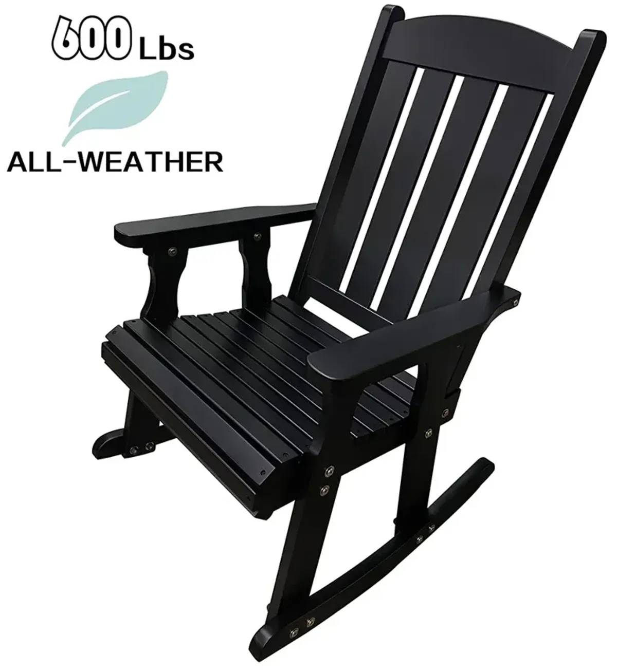 Wooden Rocking Chair with Comfortable Backrest Inclination, High Backrest and Deep Contoured Seat, Solid Fir Wood, Heavy Duty 600 LBS, for Both Outdoor and Indoor, Backyard, Porch and Patio Black