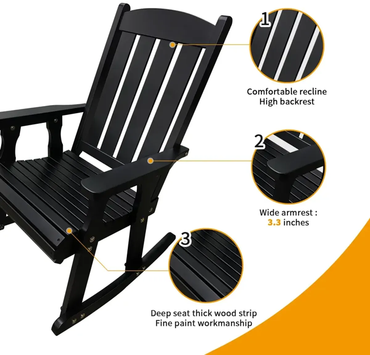 Wooden Rocking Chair with Comfortable Backrest Inclination, High Backrest and Deep Contoured Seat, Solid Fir Wood, Heavy Duty 600 LBS, for Both Outdoor and Indoor, Backyard, Porch and Patio Black