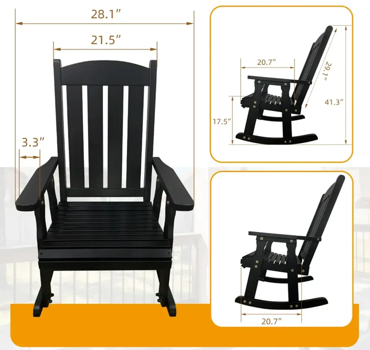 Wooden Rocking Chair with Comfortable Backrest Inclination, High Backrest and Deep Contoured Seat, Solid Fir Wood, Heavy Duty 600 LBS, for Both Outdoor and Indoor, Backyard, Porch and Patio Black