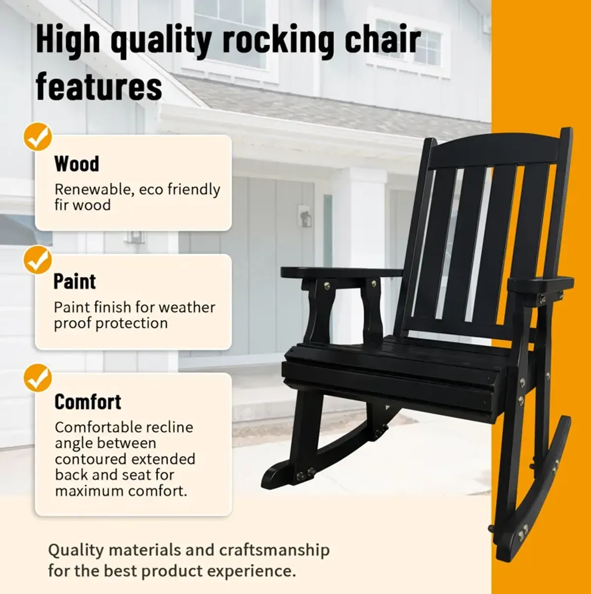 Wooden Rocking Chair with Comfortable Backrest Inclination, High Backrest and Deep Contoured Seat, Solid Fir Wood, Heavy Duty 600 LBS, for Both Outdoor and Indoor, Backyard, Porch and Patio Black