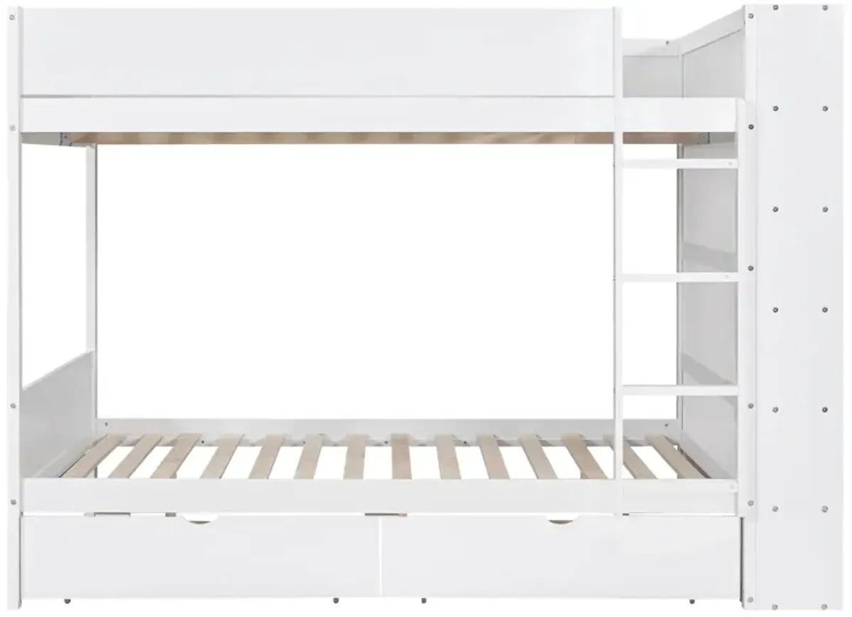 Full Over Full Bunk Bed With 2 Drawers And Multilayer Cabinet, White