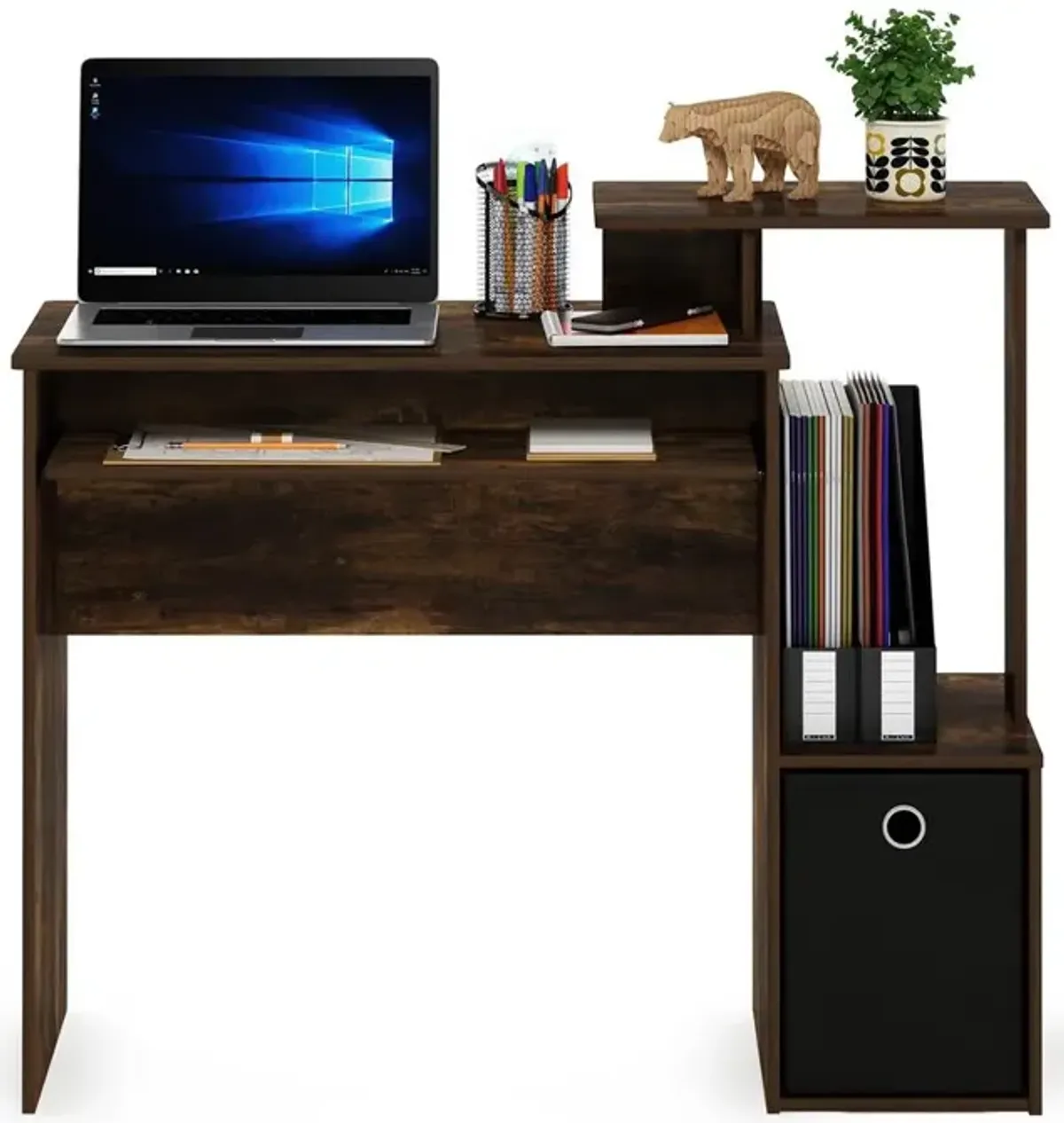 Furinno Econ Multipurpose Home Office Computer Writing Desk w/Bin, Amber Pine/Black