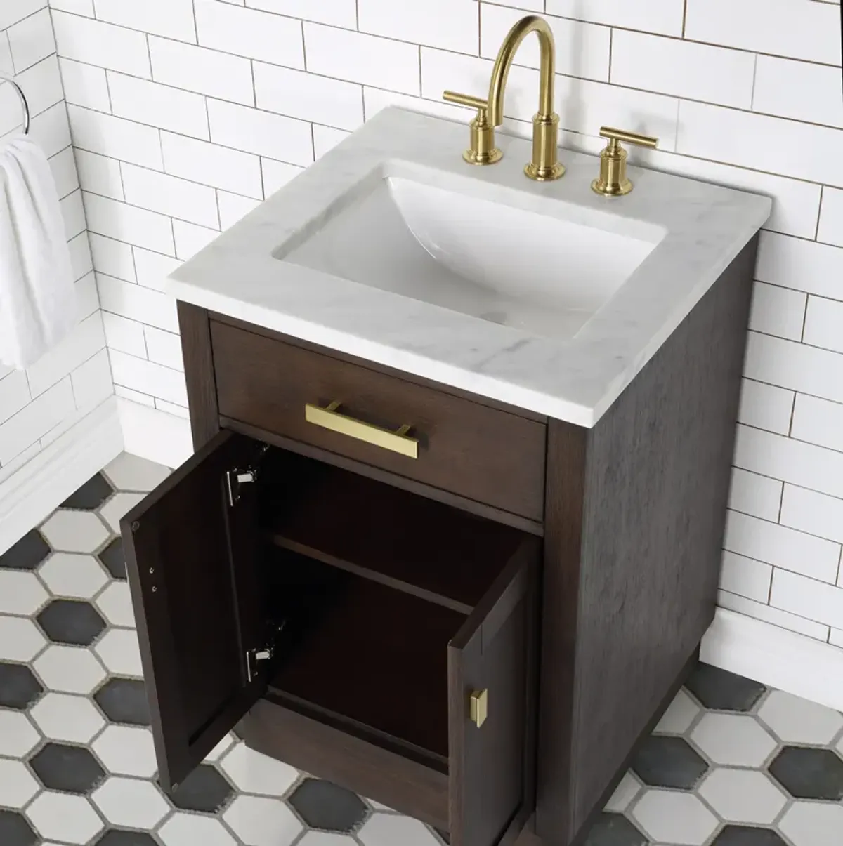 Chestnut 24 In. Single Sink Carrara White Marble Countertop Bath Vanity In Brown Oak with Satin Gold Hardware and Gooseneck Faucet