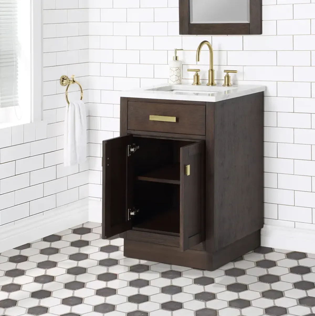 Chestnut 24 In. Single Sink Carrara White Marble Countertop Bath Vanity In Brown Oak with Satin Gold Hardware and Gooseneck Faucet