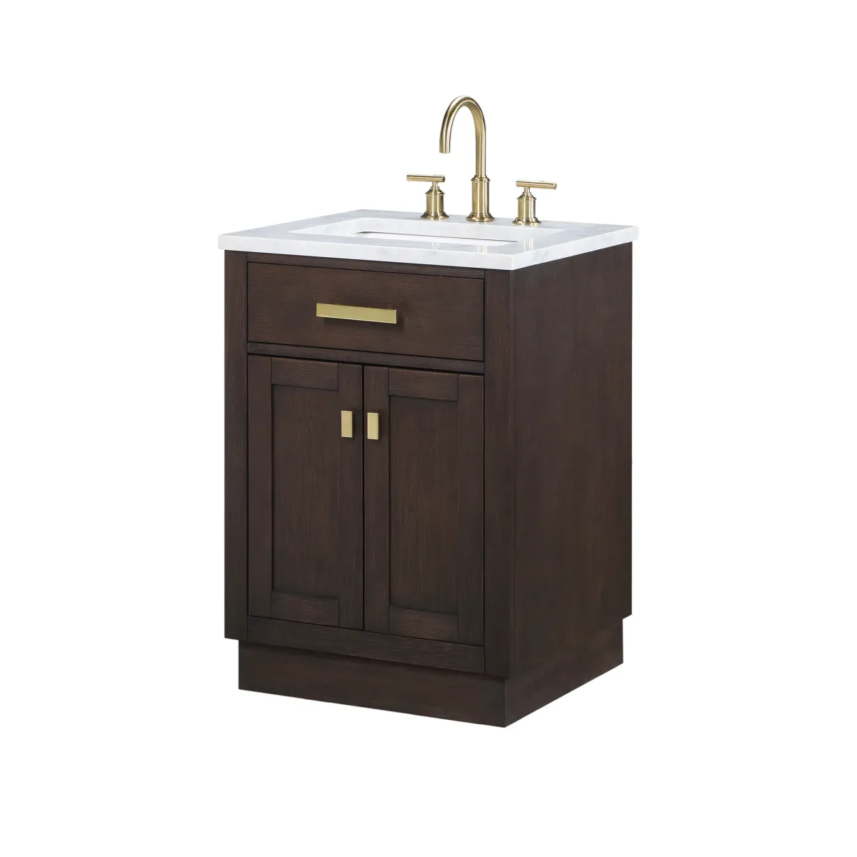 Chestnut 24 In. Single Sink Carrara White Marble Countertop Bath Vanity In Brown Oak with Satin Gold Hardware and Gooseneck Faucet