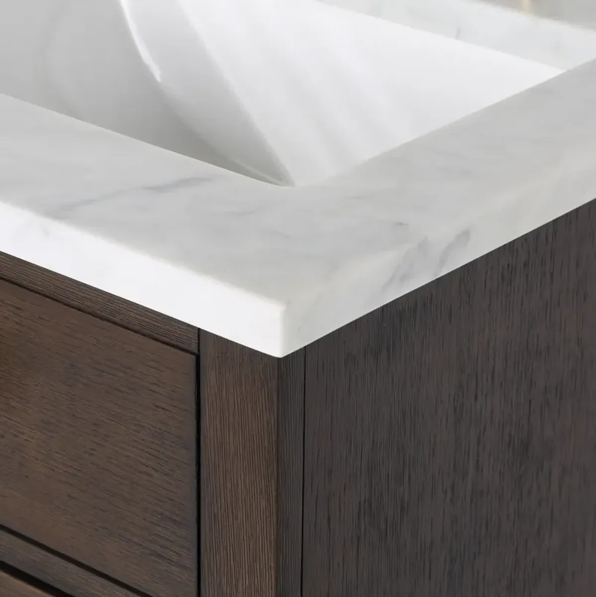 Chestnut 24 In. Single Sink Carrara White Marble Countertop Bath Vanity In Brown Oak with Satin Gold Hardware and Gooseneck Faucet