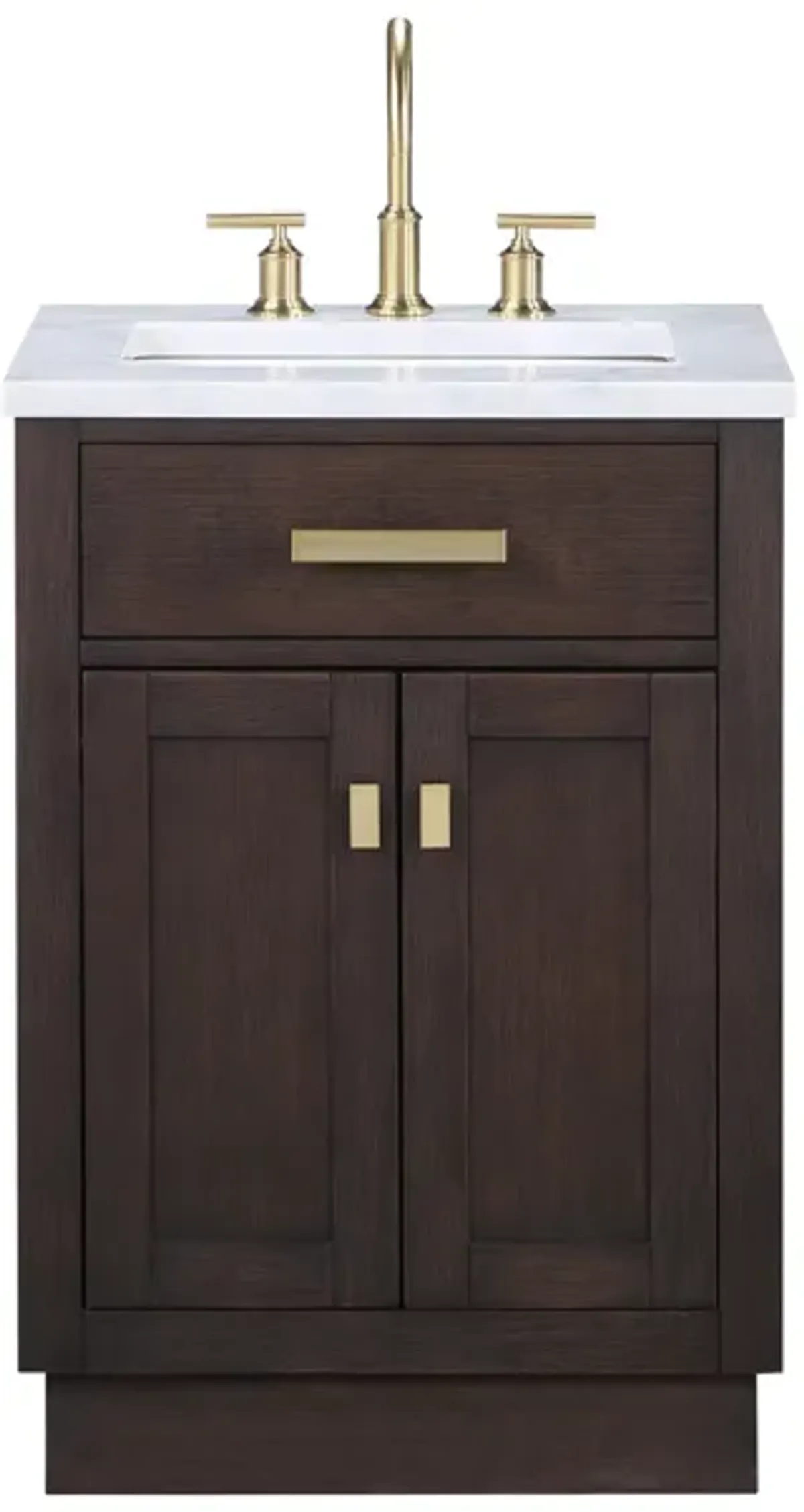 Chestnut 24 In. Single Sink Carrara White Marble Countertop Bath Vanity In Brown Oak with Satin Gold Hardware and Gooseneck Faucet