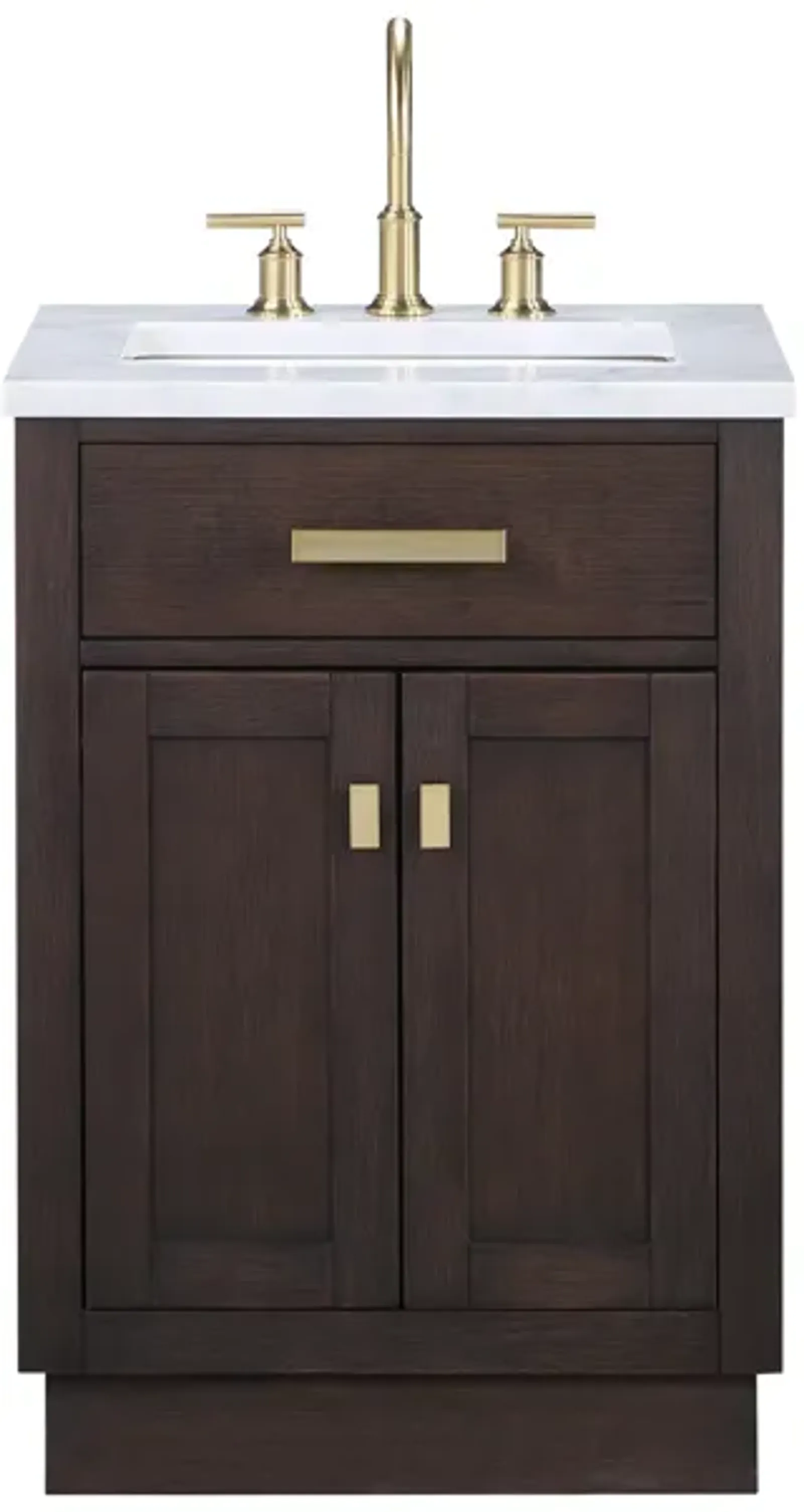 Chestnut 24 In. Single Sink Carrara White Marble Countertop Bath Vanity In Brown Oak with Satin Gold Hardware and Gooseneck Faucet