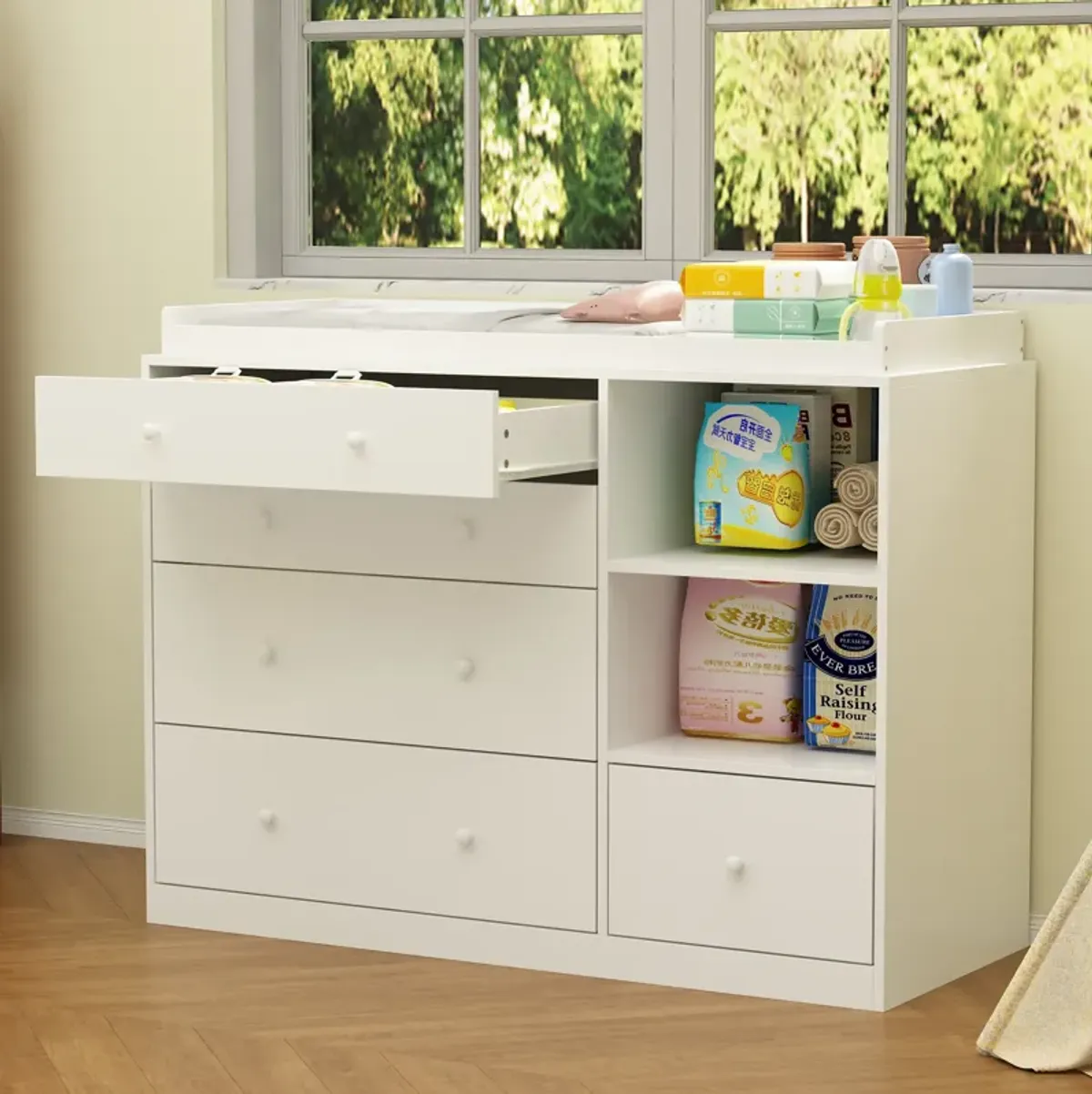 5-Drawers White Wood Chest of Drawers Dresser Vanity Table Storage Cabinet with Shelf 36.1 in. H x 47.2 W x 19.7 D