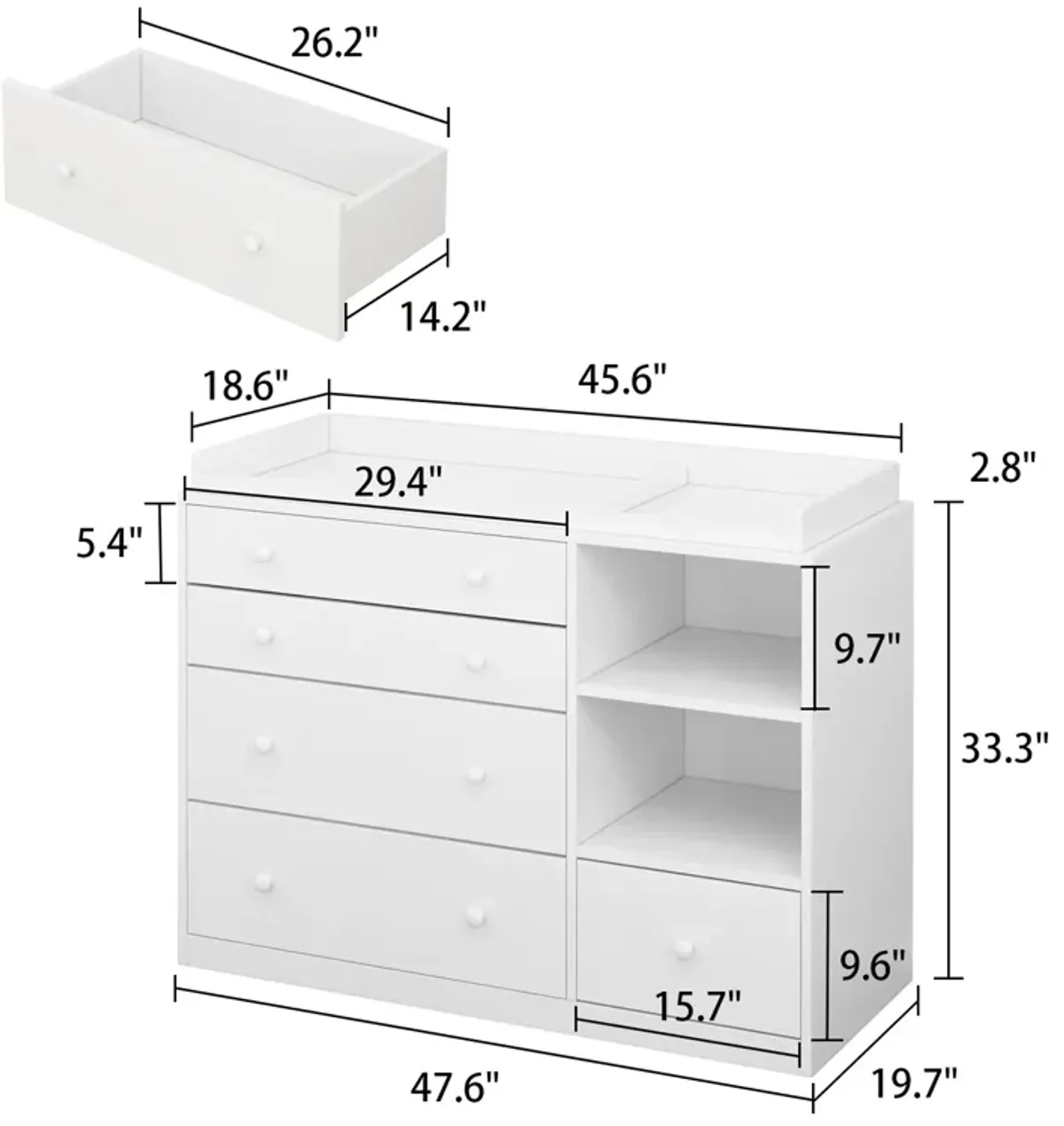 5-Drawers White Wood Chest of Drawers Dresser Vanity Table Storage Cabinet with Shelf 36.1 in. H x 47.2 W x 19.7 D