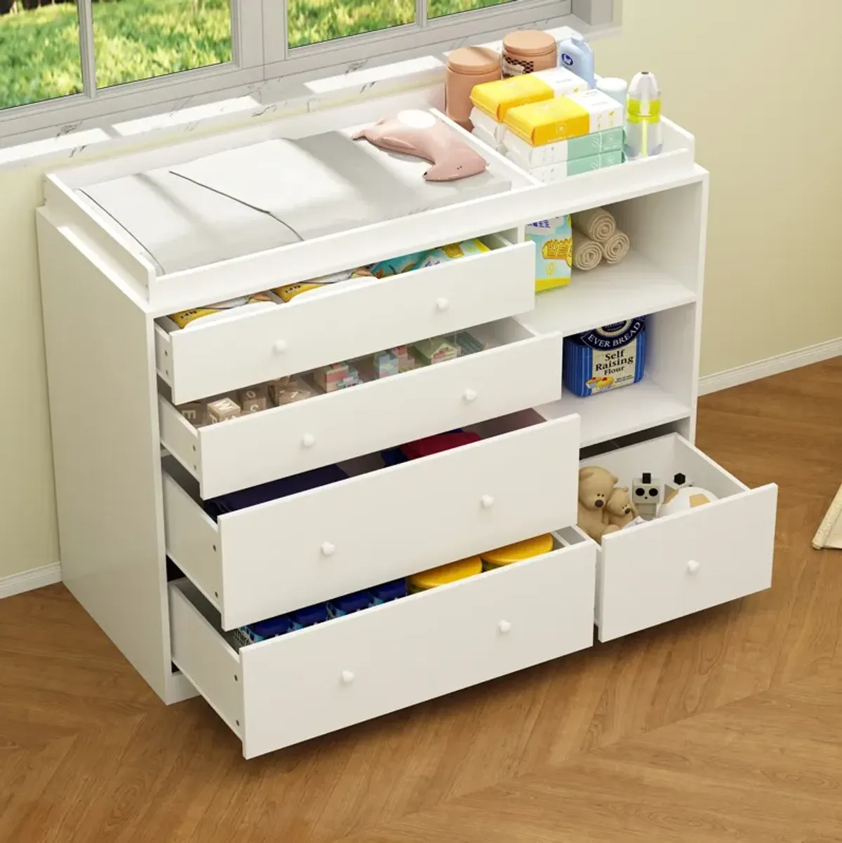 5-Drawers White Wood Chest of Drawers Dresser Vanity Table Storage Cabinet with Shelf 36.1 in. H x 47.2 W x 19.7 D