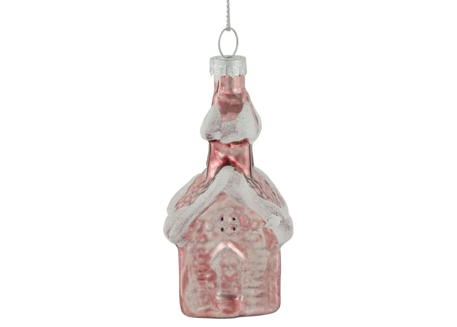 3.25" Snow Covered Pink Church Glass Christmas Ornament