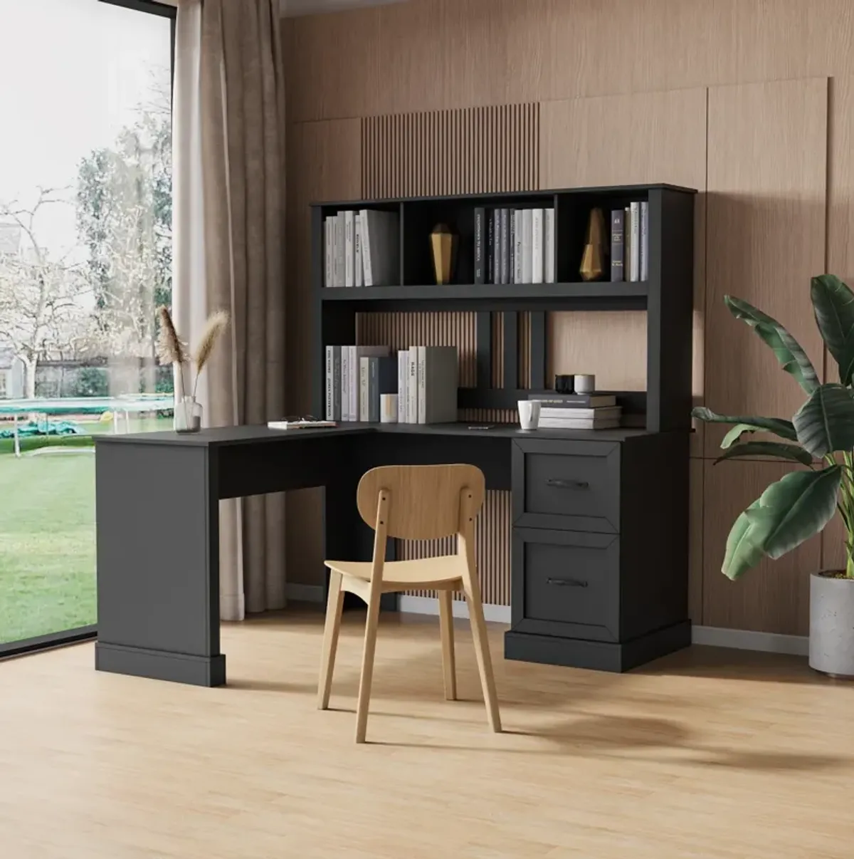 Home Office Computer Desk With Hutch, Antiqued Finish