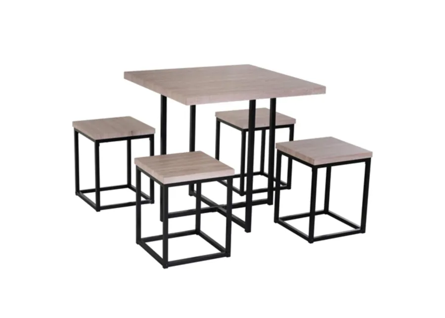 Farmhouse 5 Piece Square Natural Wood Steel Kitchen Dining Set