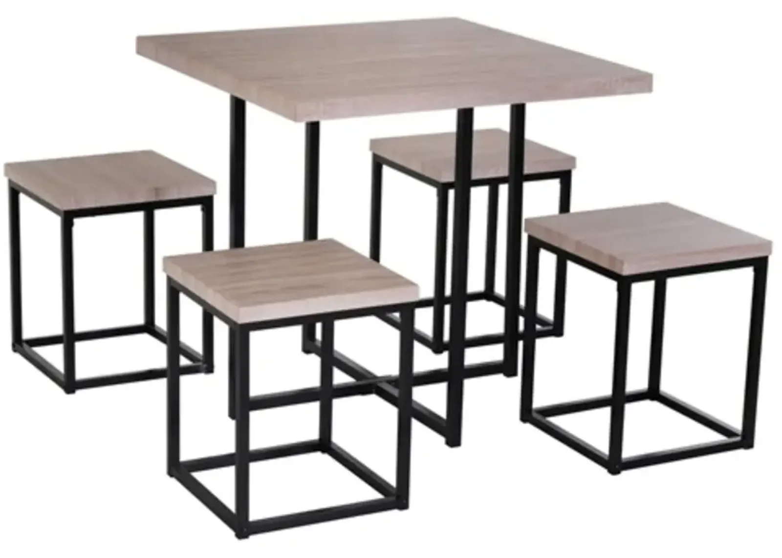 Farmhouse 5 Piece Square Natural Wood Steel Kitchen Dining Set