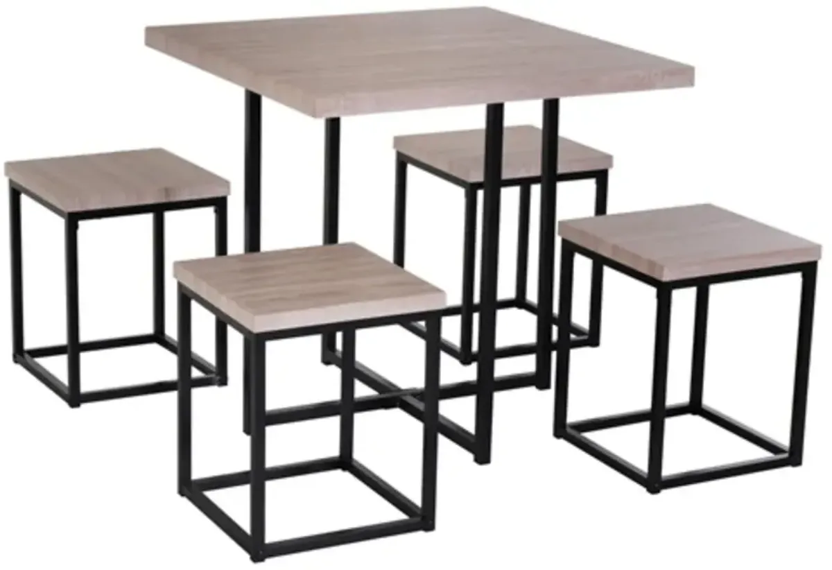 Farmhouse 5 Piece Square Natural Wood Steel Kitchen Dining Set