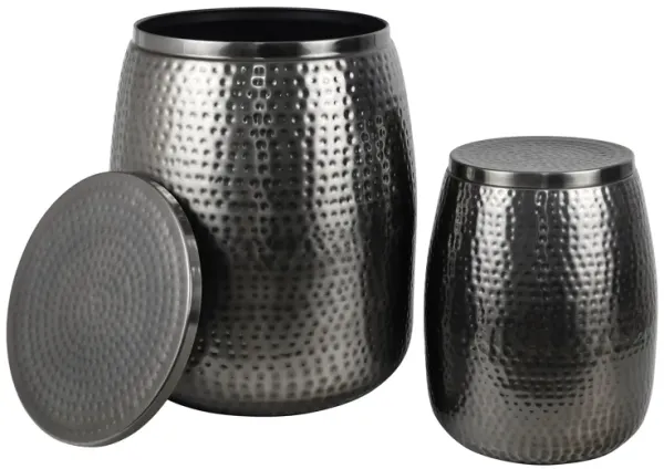 Merida Modern Rustic Hammered Metal Drum Storage Side Table with Lid